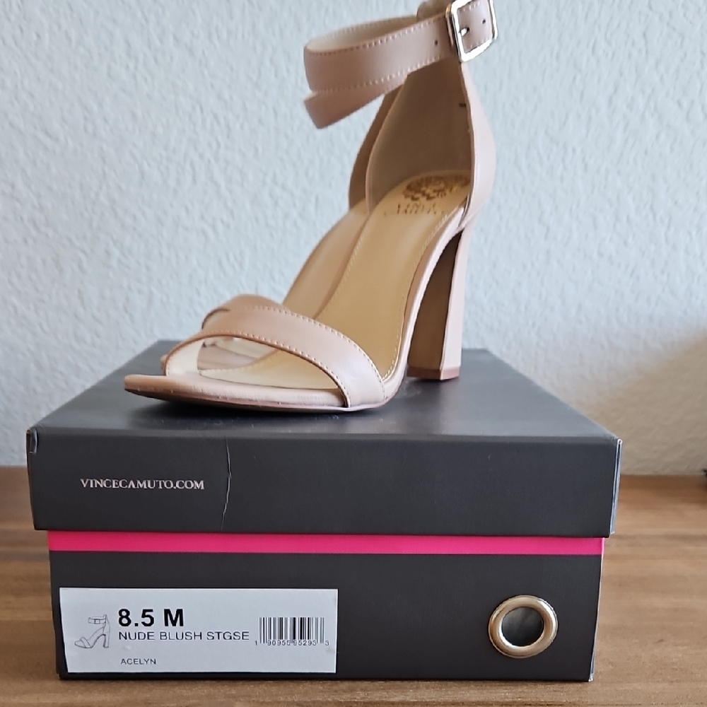 Vince Camuto Cream Heels with Ankle Strap and Block Heel